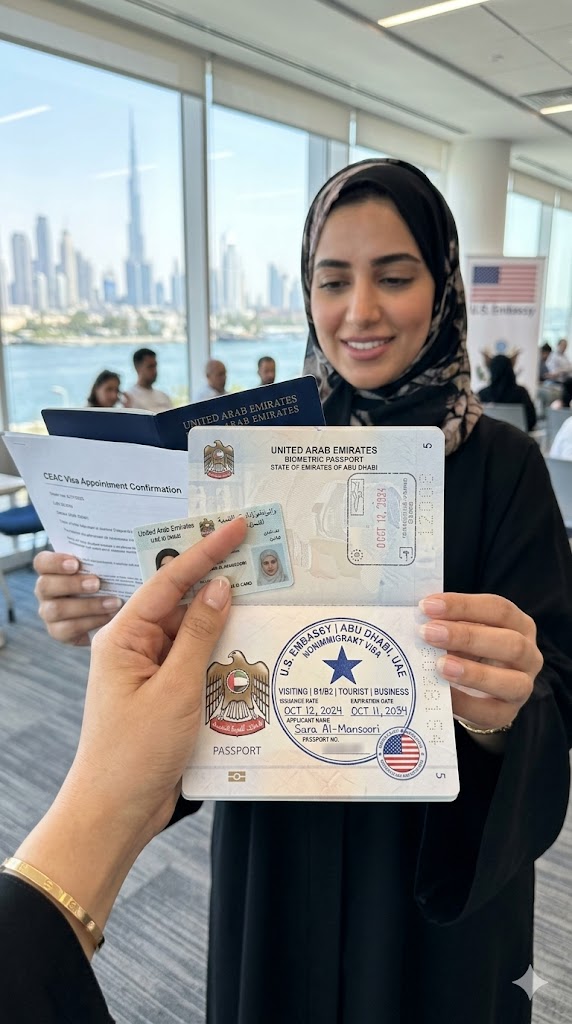 Approved US tourist visa stamp in passport for UAE applicant