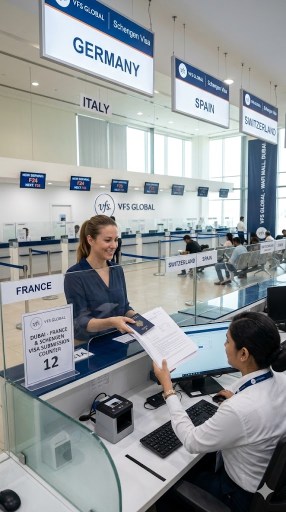 Submitting Schengen visa documents at VFS Global or TLScontact in Dubai or Abu Dhabi