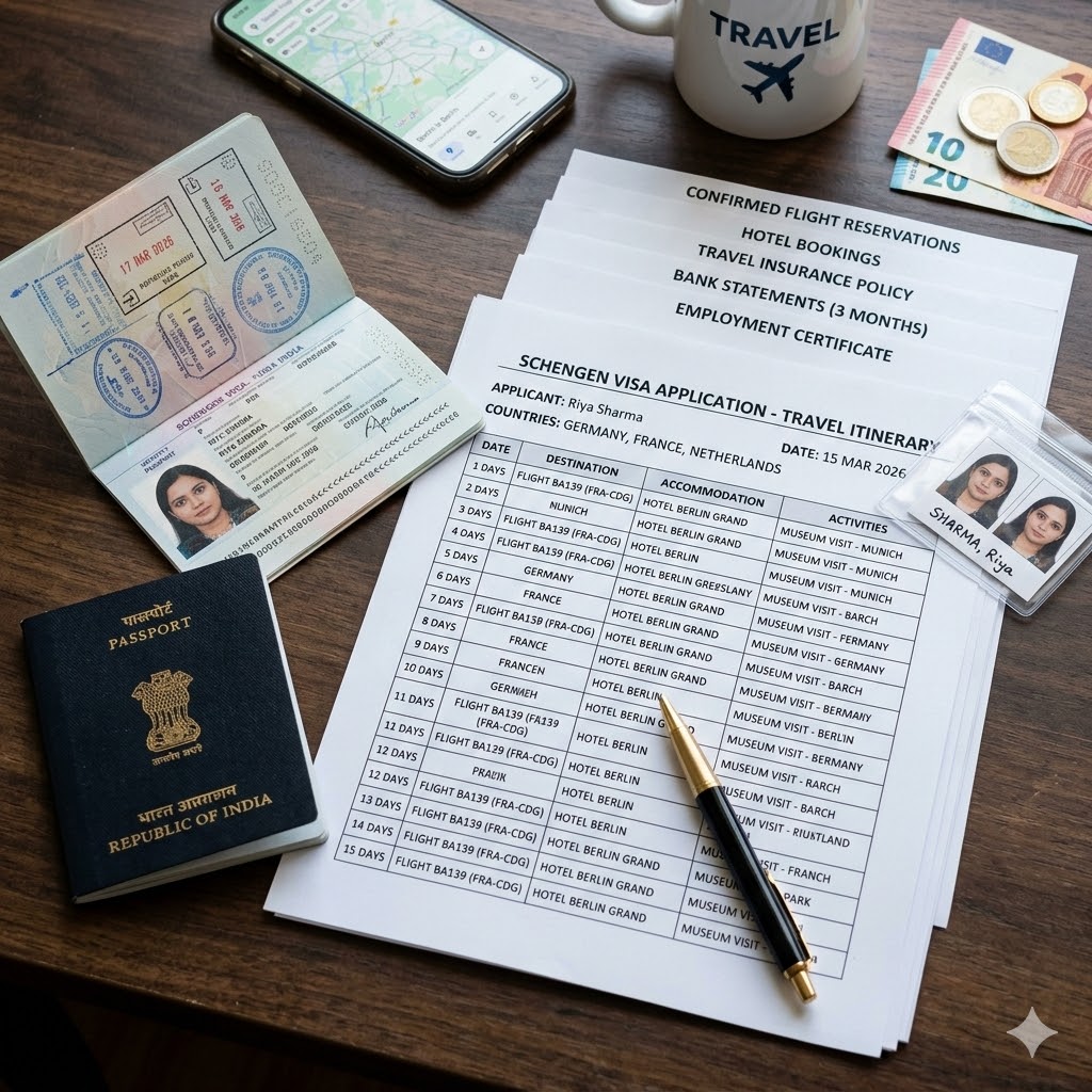 Schengen visa travel itinerary and passport ready for submission