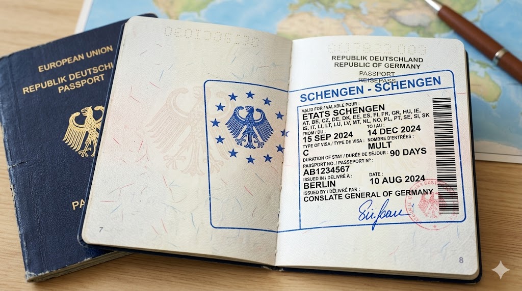Approved Schengen visa stamp in passport for UAE residents and international travelers