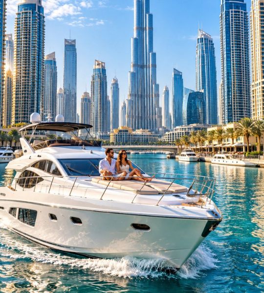 Dubai Marina with Burj Khalifa and tourists on a yacht