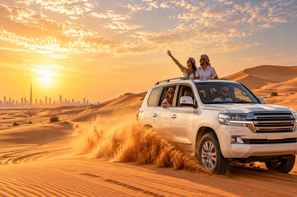 Dubai desert safari with tourists in a 4x4 vehicle