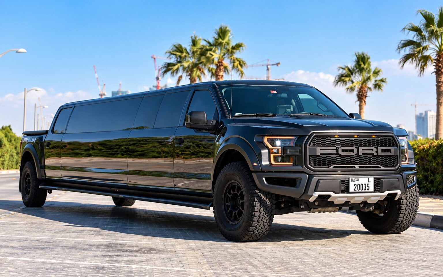 Black Ford Raptor limousine car in Dubai.