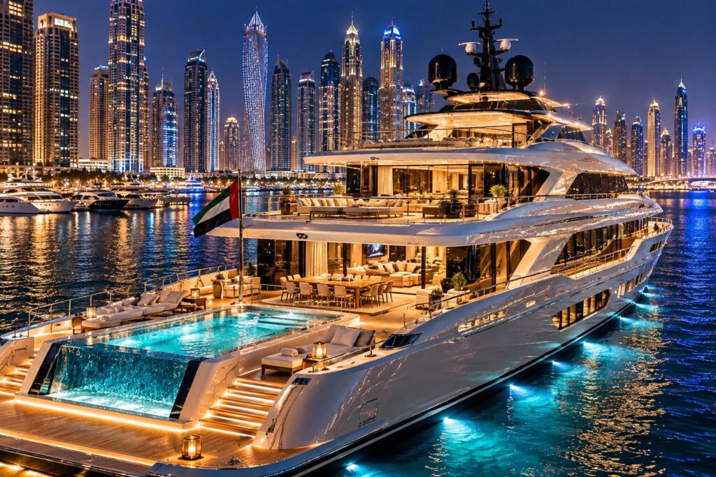 Dubai Marina Superyacht at Night