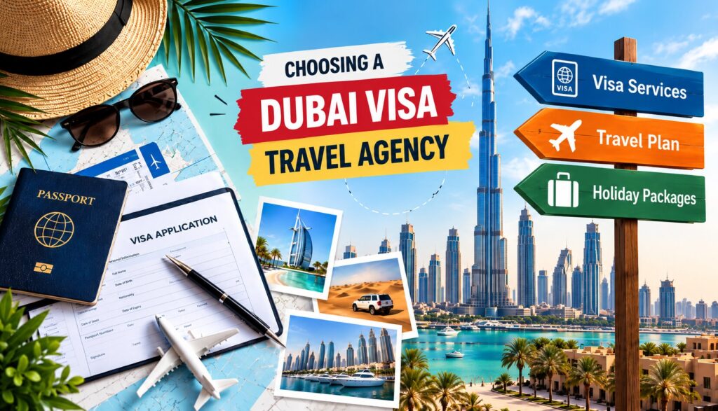 Dubai visa travel agency with passport and travel essentials.
