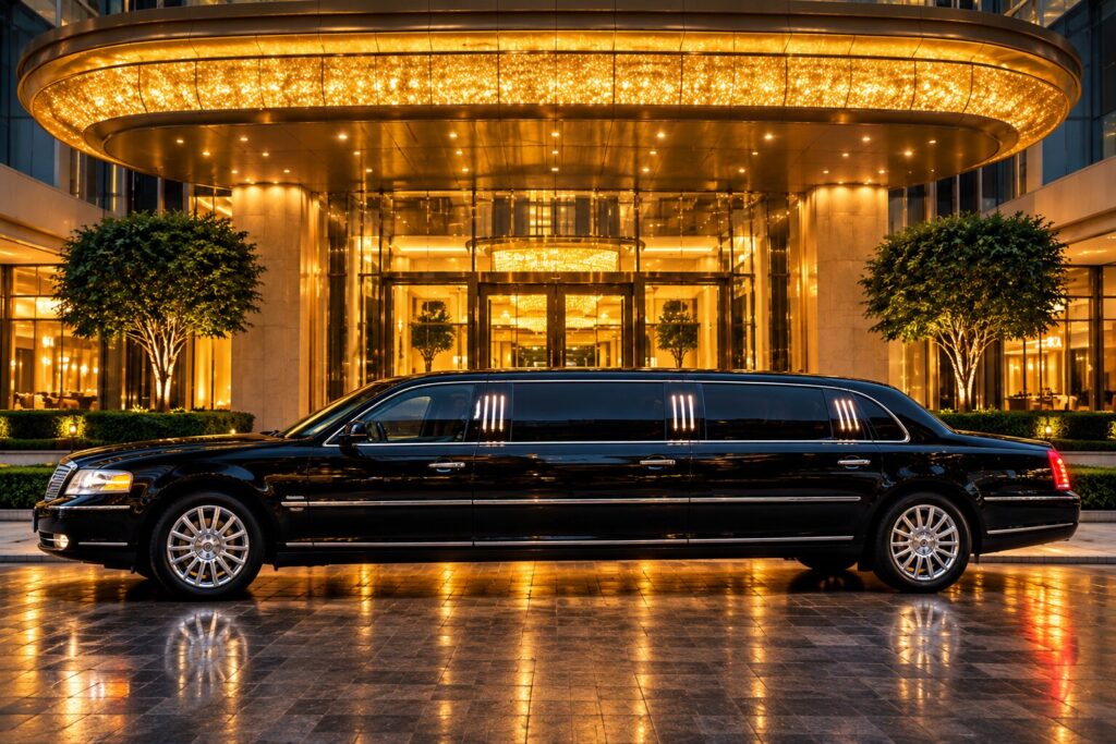 Golden Limo Arrival at Luxury Hotel