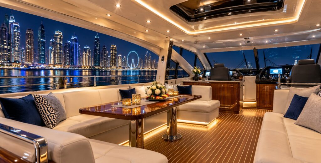 Luxury yacht interior overlooking Dubai Marina at night.
