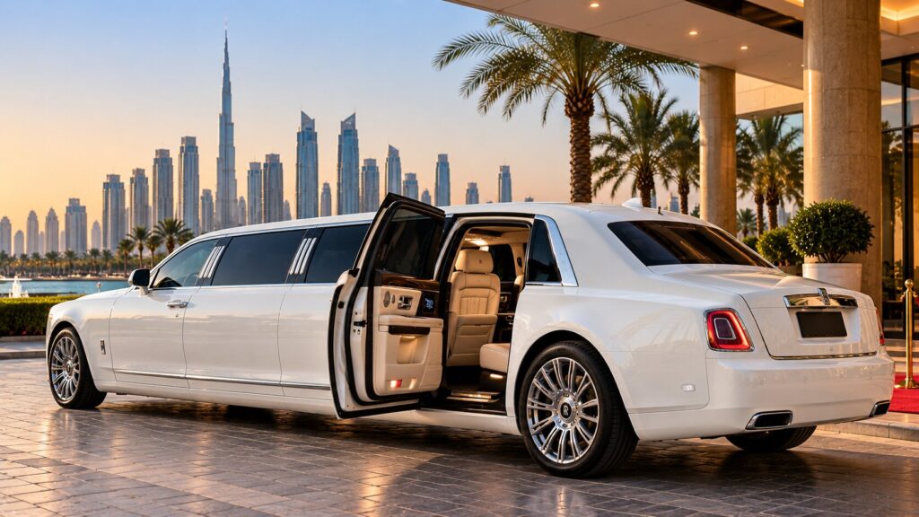 White luxury limousine at a Dubai hotel entrance