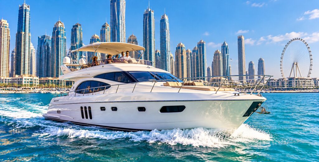 Luxury yacht cruising in Dubai Marina