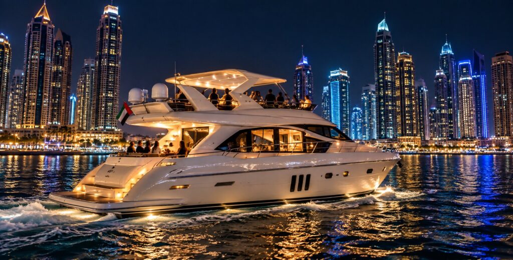 Luxury yacht night cruise in Dubai Marina.