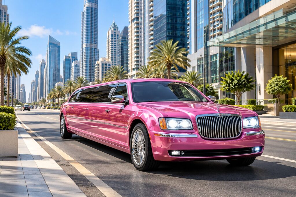 Pink Stretch Limo in a Modern Skyline