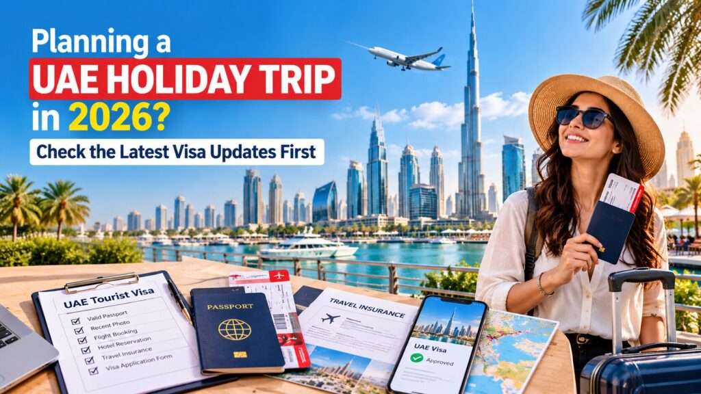 UAE tourist visa with Dubai skyline and travel documents.